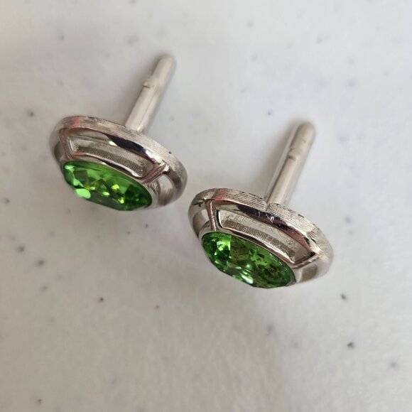 Swank Green Rhinestone Cufflinks Silver Tone Mens Oval Crystal Vintage - Picture 5 of 7